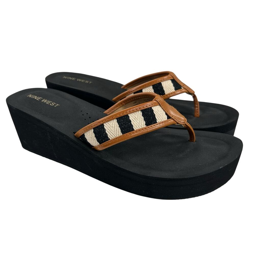 Nine West Black Cream Stripe Ancy Platform Flip Flop Womens 10
